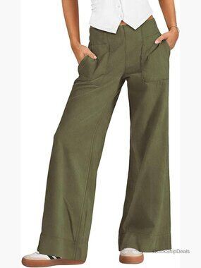 Wide Leg Cargo Pants Elastic Waist Pull On Low Rise Stretchy Trousers